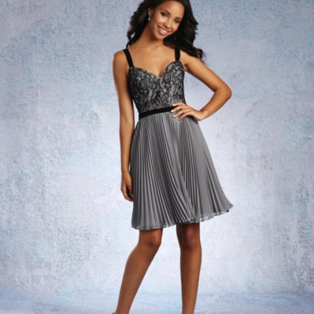 Knee-Length Chiffon & Black Lace Bridesmaids Dress, Charcoal Gey Gray Racerback